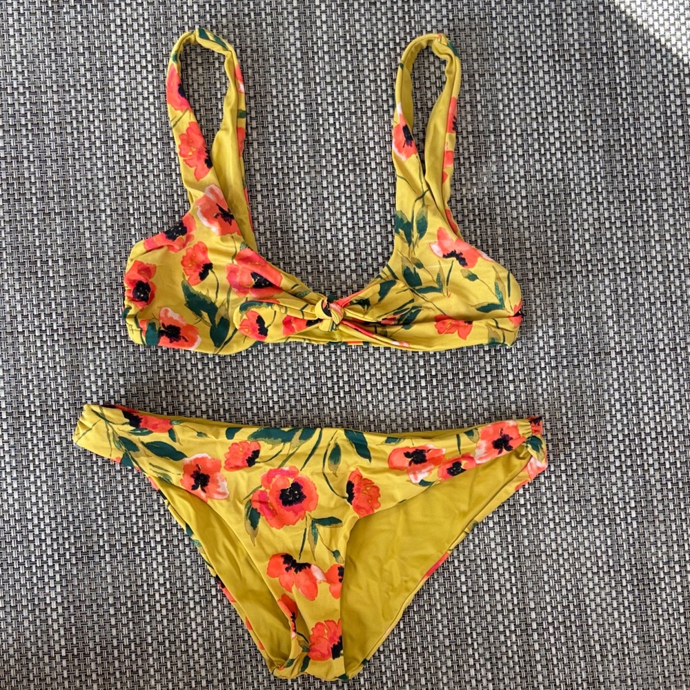 Yellow Floral Bikini Set with Red Poppy Print
